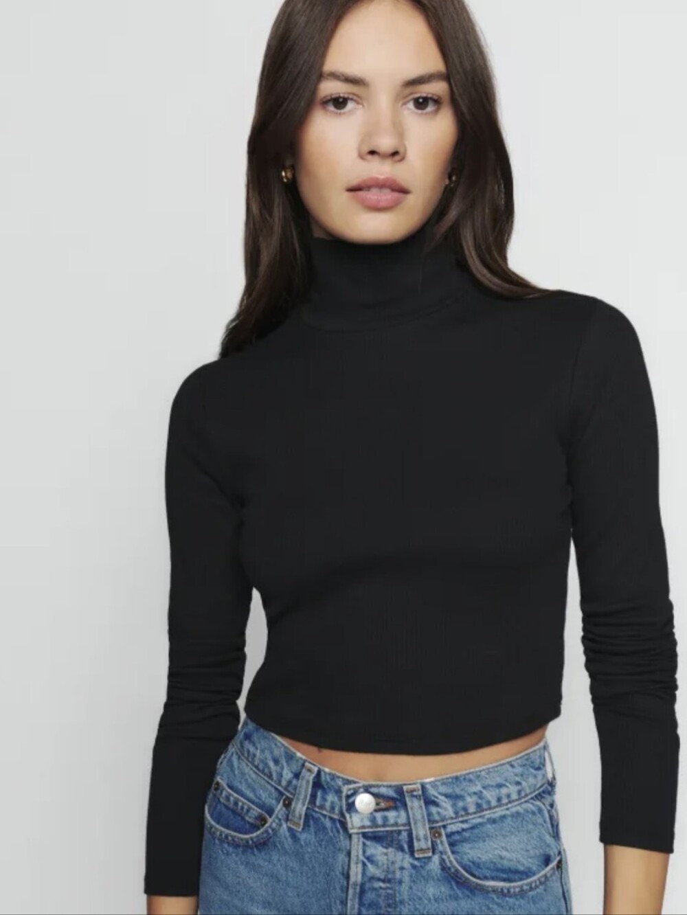 Reformation Davy Cropped Ribbed Turtleneck Black Long Sleeve Top Slim Sz S
